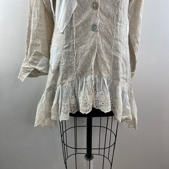 Blu Betty Beige Linen Shirt Dress Button Front Stand-Up Collar Ruffle Hem M? - Picture 4 of 9